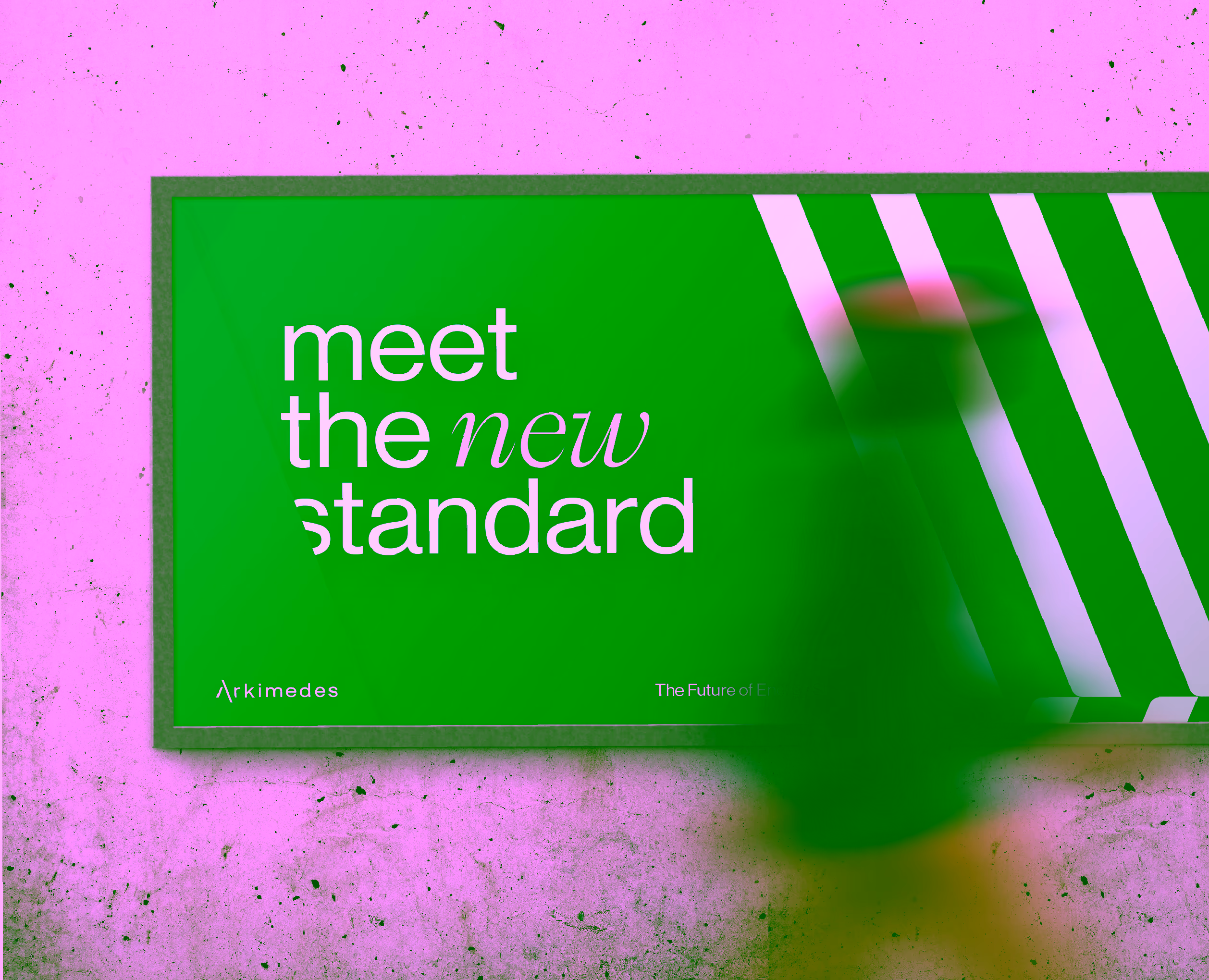 Arkimedes billboard mockup with meet the new standard campaign on concrete wall
