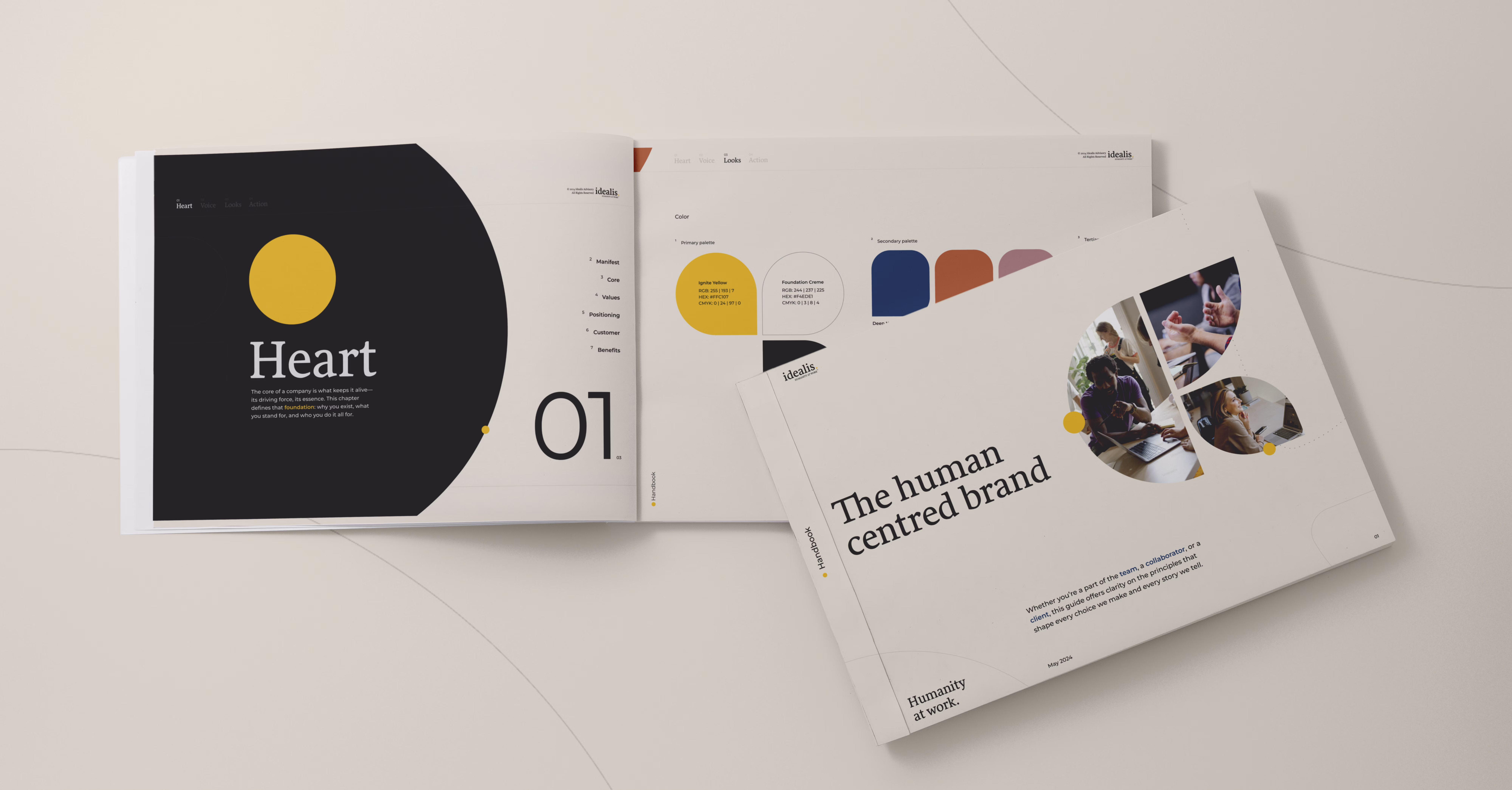 Idealis Advisory brand book spread — website and identity overview